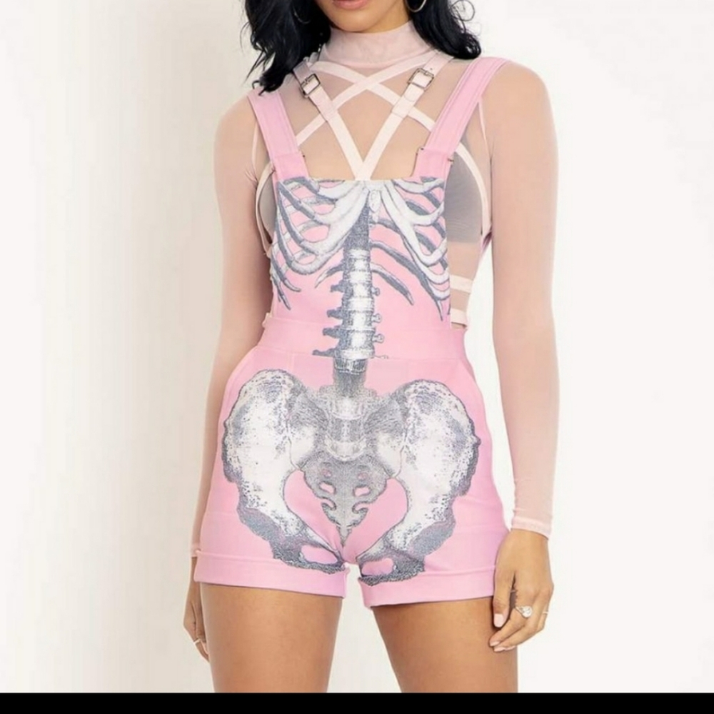 Pink Skeleton Print Short Overalls